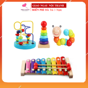 Combo 4 Món Đồ Chơi Giáo Dục Đàn Xylophone, Tháp Xếp Chồng, Bàn Luồn Hạt Mini Và Sâu Uốn Dẻo Bằng Gỗ Cho Bé Phát Triển Kĩ Năng Đầu Đời