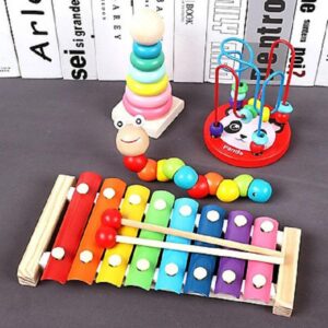 Combo 4 Món Đồ Chơi Giáo Dục Đàn Xylophone, Tháp Xếp Chồng, Bàn Luồn Hạt Mini Và Sâu Uốn Dẻo Bằng Gỗ Cho Bé Phát Triển Kĩ Năng Đầu Đời