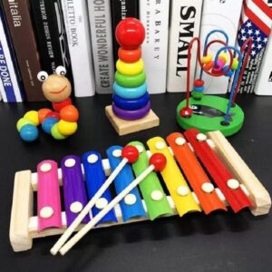 Combo 4 Món Đồ Chơi Giáo Dục Đàn Xylophone, Tháp Xếp Chồng, Bàn Luồn Hạt Mini Và Sâu Uốn Dẻo Bằng Gỗ Cho Bé Phát Triển Kĩ Năng Đầu Đời