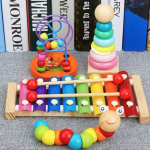 Combo 4 Món Đồ Chơi Giáo Dục Đàn Xylophone, Tháp Xếp Chồng, Bàn Luồn Hạt Mini Và Sâu Uốn Dẻo Bằng Gỗ Cho Bé Phát Triển Kĩ Năng Đầu Đời